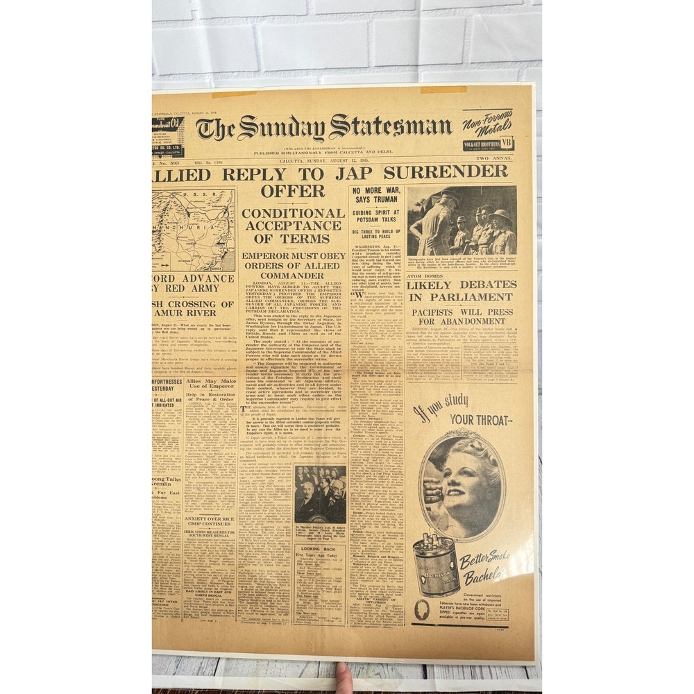 Vintage Sunday Statesman August 12 1945 WWII Japan Surrender Newsprint Cover